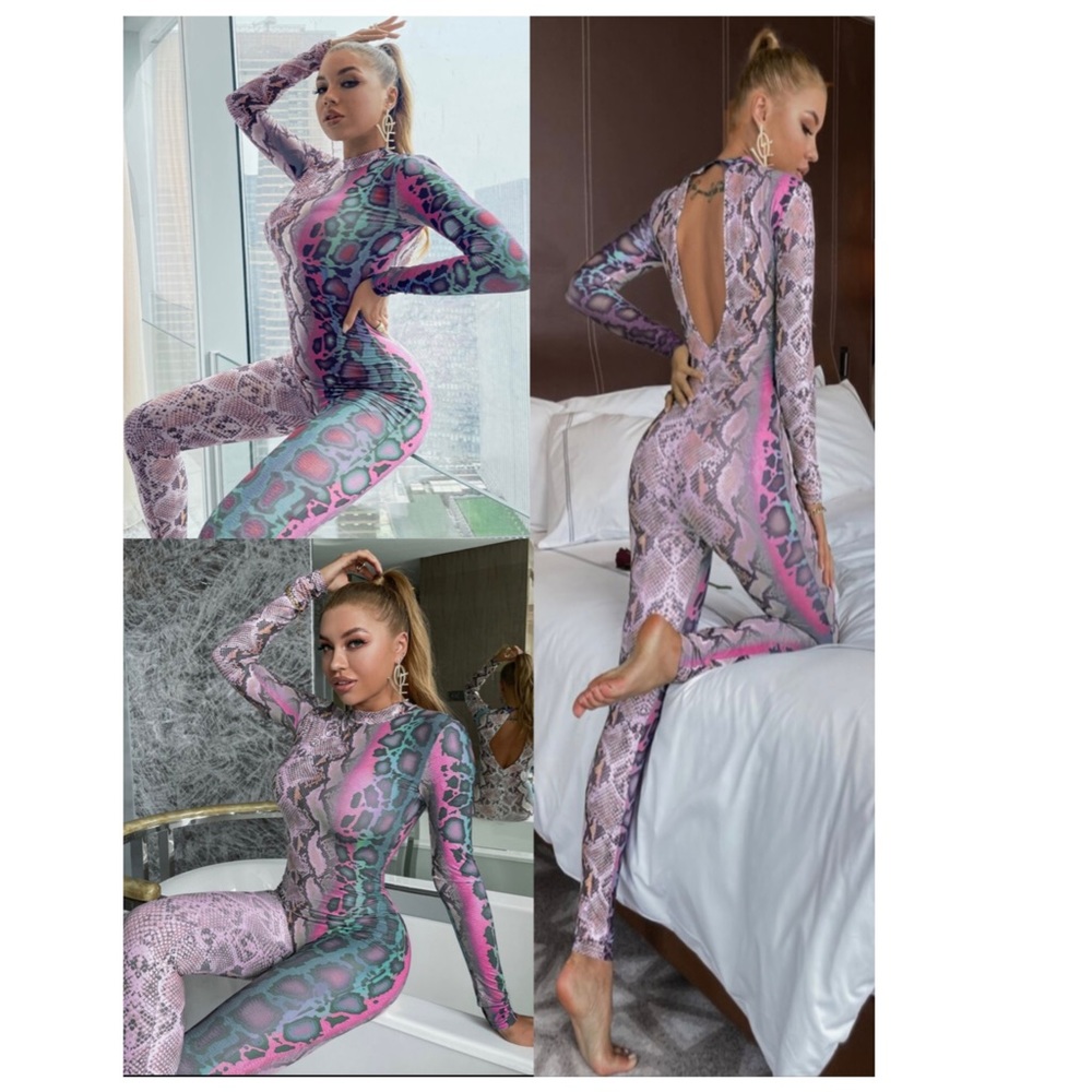Ombre Snakeskin Print Backless Skinny Jumpsuit
